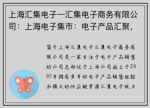 上海汇集电子—汇集电子商务有限公司：上海电子集市：电子产品汇聚，尽在此